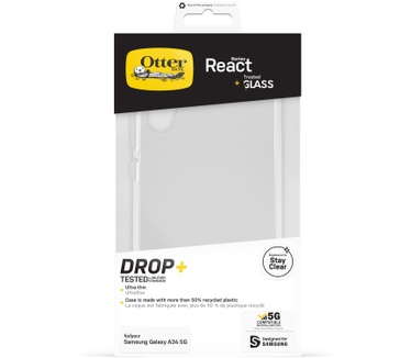 Otterbox OtterBox Drop Protection-bundel voor Galaxy A34 5G; React doorzichtige behuizing getest volgens militaire standaard en prestatie glazen schermbeschermer 2x antikrastechnologie
