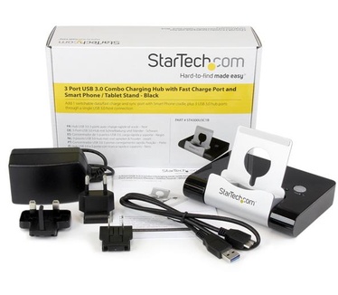 Startech.com 3-poorts-USB 3.0-hub voor laptops en op Windows gebaseerde tablets plus een snellaadpoort en apparaatstandaard zwart