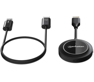 Manhattan Draadloze HDMI-presentatieset 1080p, 2-delige set met HDMI-ontvanger en HDMI-zender (dongle), voor draadloze videoweergave vanaf laptop, tablet of smartphone naar tv of HDMI-projector, zwart