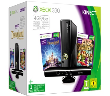 Microsoft Xbox 360 Slim 4GB + Kinect Adventures + Disneyland Adventures + Kinect Zwart