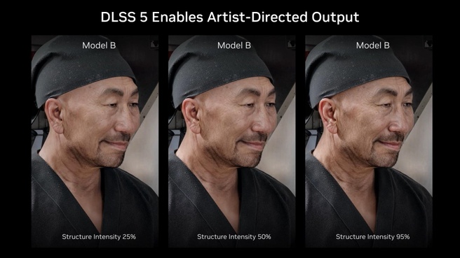 Hetzelfde DLSS 5-model met drie verschillende waardes voor de Structure intensity. Bron: Nvidia