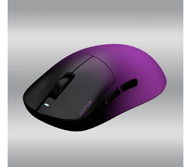 HATOR Quasar 3 ULTIMA 8K wireless, black-violet gradient, optical 100M switches, PixArt PAW3950, 30000dpi, anti-finger UV texture, 2.4GHz/Bluetooth/USB connection, 300mAh, 52g,125x64x40mm, 100% PTFE & U-PE spot & glass feet, grips, fabric bag, Gaming mous