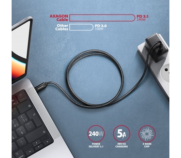 Axagon BUCM2-CM10AB Ladekabel, USB-C zu USB-C 2.0, 1 m, PD 240 W 5 A, ALU - Schwarz - 1 Meter langes USB-C zu USB-C Kabel - Daten- und Ladefähig