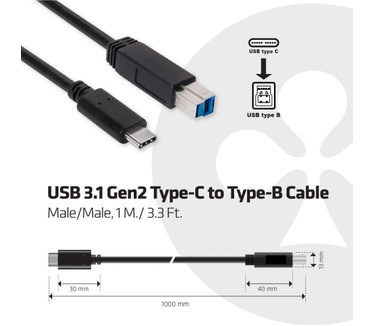 Club 3D USB 3.1 Gen2 Type-C to Type-B kabel 1 meter M/M