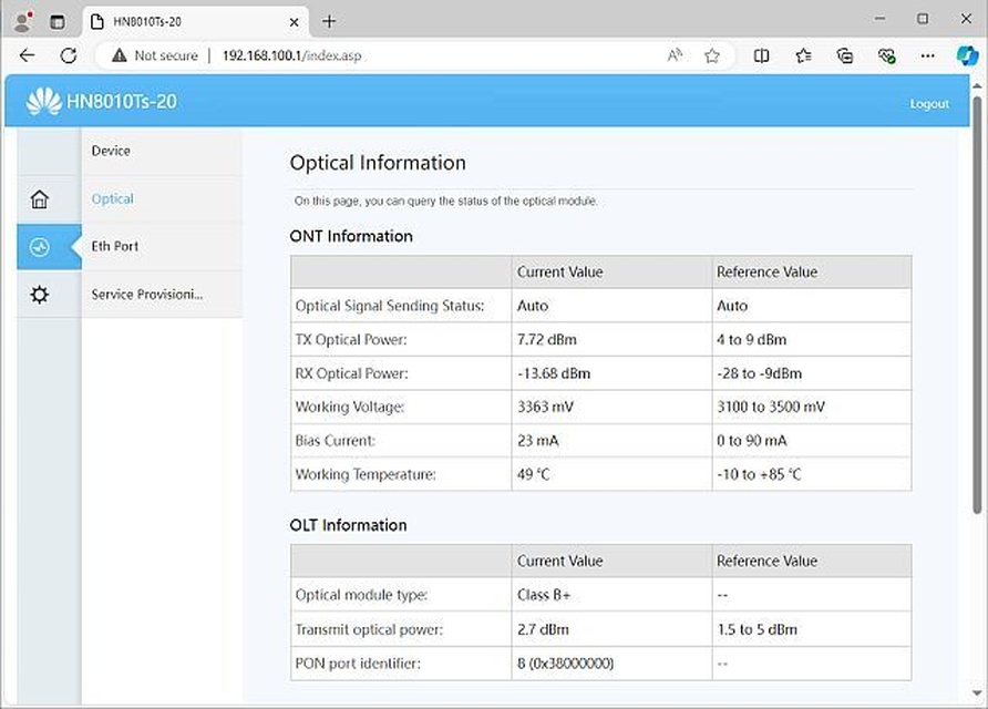 Huawei HN8010Ts-20 ONT - 2.2 - System Information - Optical [Fiber connected]