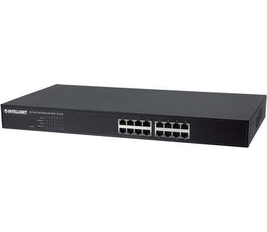 Intellinet 16-Port Fast Ethernet PoE+ Switch, 16 x PoE IEEE 802.3at/af Power-over-Ethernet (PoE+/PoE) ports, Endspan, 19" Rackmount (Euro 2-pin plug)