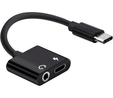 Ascromy USB type-C Aux Jack Headphone Adapter Charger Audio Kabel Zwart