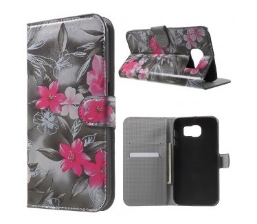 qMust Samsung Galaxy S7 Plus Wallet Case - hoesje met stand - Flowers Grey