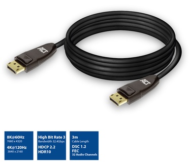 ACT AC4074 DisplayPort 1.4 cable 8K, 3m Zwart