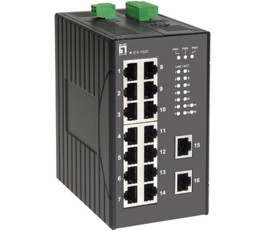 LevelOne 16-Port Fast Ethernet Industrial Switch, DIN-Rail, -40°C to 85°C