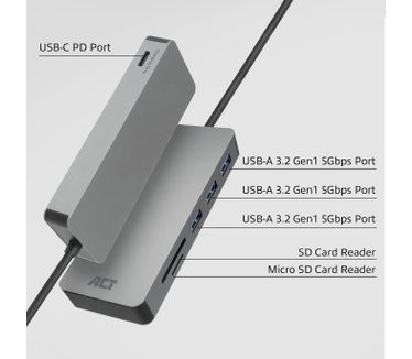 ACT AC7050 3-Port USB-C 3.1 Gen1 (USB 3.0) Hub with card reader and PD Pass-Through port
