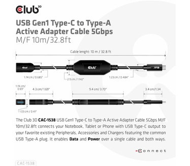 Club 3D USB Gen1 Type-C to Type-A Active Adapter Cable 5Gbps M/F 10m/32.8ft