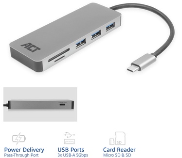 ACT AC7050 3-Port USB-C 3.1 Gen1 (USB 3.0) Hub with card reader and PD Pass-Through port