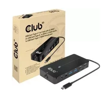 Club 3D USB Gen1 Type-C 7-in-1 hub with 2x HDMI, 2x USB Gen1 Type-A, 1x RJ45, 1x 3.5mm Audio, 1x USB Gen1 Type-C 100W Female port