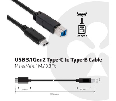 Club 3D USB 3.1 Gen2 Type-C to Type-B kabel 1 meter M/M Zwart