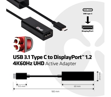 Club 3D USB 3.1 Type-C naar DisplayPort 1.2 4K60Hz UHD Active Adapter
