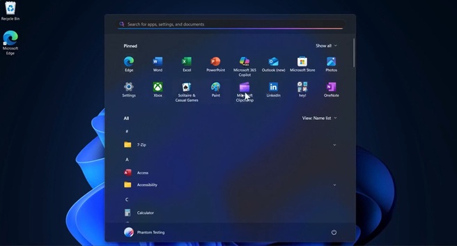 Windows 11, nieuw Start-menu, april 2025. Bron: Phantom of Earth