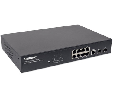 Intellinet 8-Port Gigabit Ethernet PoE+ Web-Managed Switch with 2 SFP Ports, IEEE 802.3at/af Power over Ethernet (PoE+/PoE) Compliant, 140 W, Endspan, Desktop, 19" Rackmount (Euro 2-pin plug)