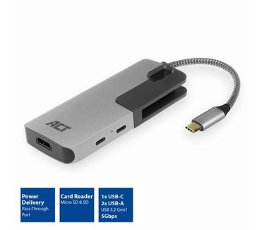 ACT AC7021 USB-C to HDMI female adapter with PD Pass-Through, 4K, USB-A , USB-C port, card reader