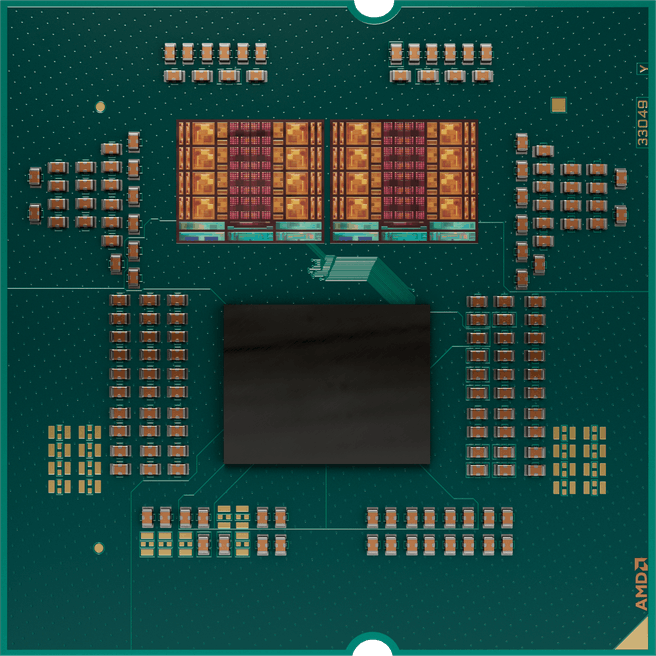 De twee ccd's (boven) van een 9950X3D, waarvan er maar één van 3D V-Cache is voorzien.