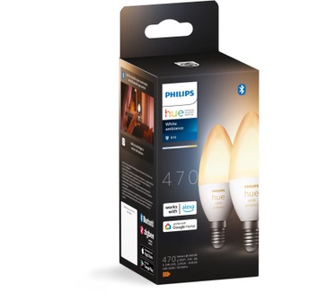 Philips Hue White ambiance Losse Kaarslamp E14, met Bluetooth, 4W verbruik, Duopak