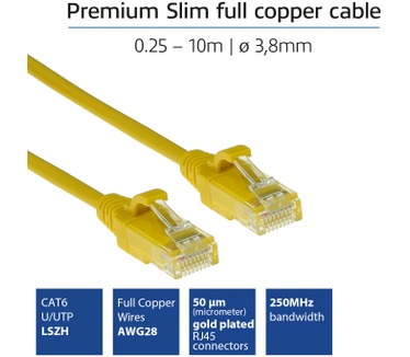 ACT Gele 1 meter LSZH U/UTP CAT6 datacenter slimline patchkabel met RJ45 connectoren Geel