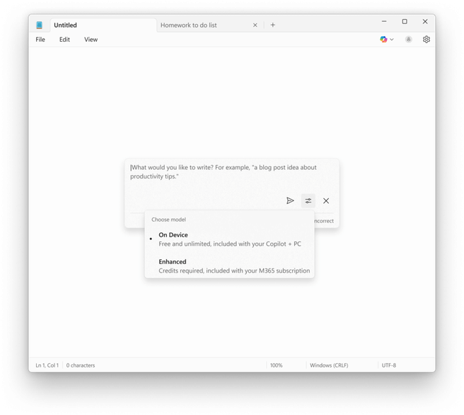 Windows Kladblok lokale AI-functies