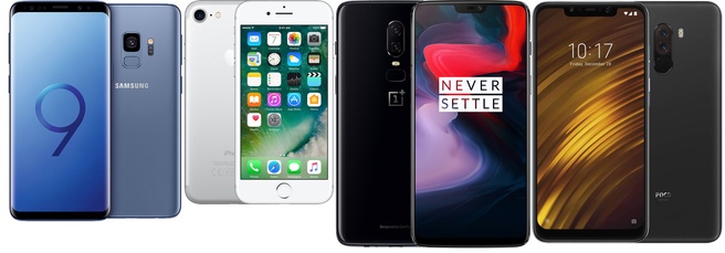 Samsung Galaxy S9, iPhone 7, OnePlus 6 en Xiaomi Poco F1