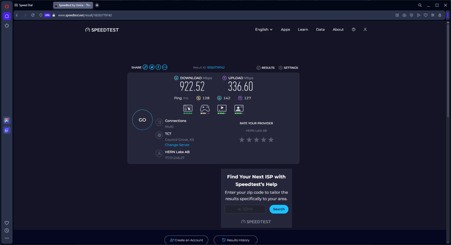 Onze snelheden, gemeten op een symmetrische 1Gbit/s-verbinding.