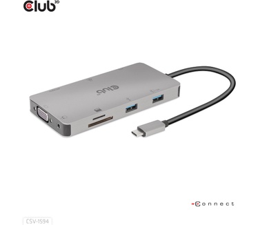 Club 3D USB Gen1 Type-C 9-in-1 hub with HDMI, VGA, 2x USB Gen1 Type-A, RJ45, SD/Micro SD card slots and USB Gen1 Type-C Female port