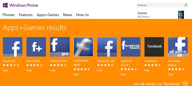 Facebook apps in de Windows Phone Store