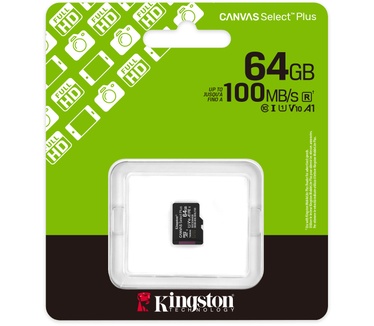 Kingston 64GB micSDXC Canvas Select Plus Gen3 100R A1 enkel pakket zonder ADP
