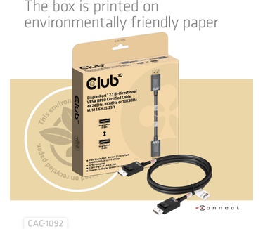 Club 3D DisplayPort™ 2.1 Bi-Directional VESA DP80 Certified Cable 4K120Hz, 8K60Hz or 10K60Hz M/M 1.6m/5.25ft
