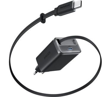 Anker Nano USB C-oplader, 35W max, 2-poorts compacte snellader met duurzame, geïntegreerde InstaCord intrekbare kabel