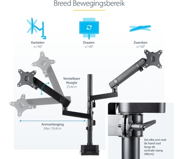 Startech.com Dubbele Monitor Arm voor Bureaumontage, Full Motion Monitorbeugel voor 2x VESA-displays tot 32" (8kg), Verticale Stapelbare Armen, Hoogte verstelbaar/Articulerend - Bureauklem/Doorvoertule