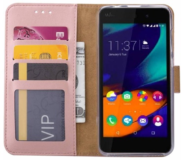 Luxe Lederen Bookcase hoesje voor de Wiko Lenny4 - Metallic Roze (Wiko Lenny 4) Rosé Goud