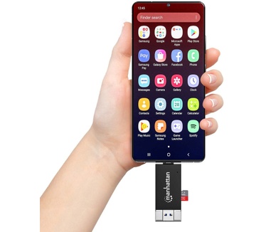 Manhattan USB-A/USB-C multiformaat kaartlezer/-schrijver, 5 Gbps (USB 3.0), male connector naar microSD- en SD/MMC-slots, mini-formaat, compatibel met Windows of Mac, zwart/transparant, 3 jaar garantie
