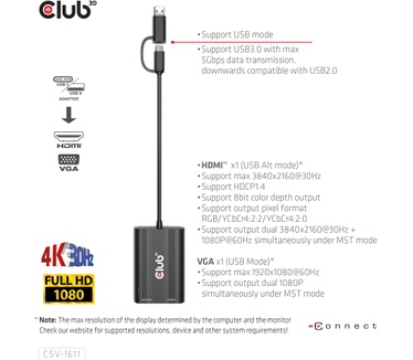 Club 3D USB Gen1 Type-C/-A to Dual HDMI (4K/30Hz) / VGA (1080/60Hz)