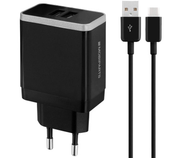 Mobiparts Wall Charger Dual USB 4.8A + USB-C Cable Black