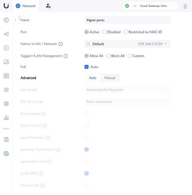 Unifi - Network port profiles - Mgmt ports settings