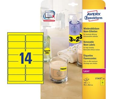 Avery Neon Etiketten, neon geel, 99,1 x 38,1 mm, afneembaar