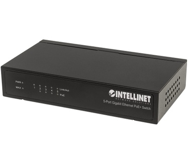 Intellinet 5-Port Gigabit Ethernet PoE+ Switch, 4 x PSE Ports, IEEE 802.3at/af Power over Ethernet (PoE+/PoE) Compliant, 60 W, Desktop (Euro 2-pin plug)