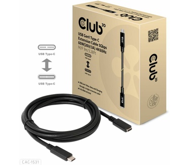 Club 3D CAC-1531 - USB-verlengkabel - USB-C (M) naar USB-C (V) - 20 V - 3 A - 1 m - bidirectioneel, ondersteunt 4k60 Hz Zwart