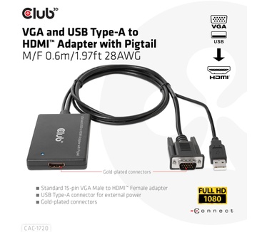 Club 3D VGA and USB Type-A to HDMI Adapter with Pigtail M/F 0.6m/1.97ft 28AWG