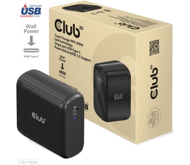 Club 3D Travel Charger 100 Watt GAN technology, USB-IF TID certified, Single port USB Type-C, Power Delivery(PD) 3.0 Support