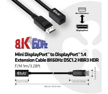 Club 3D Mini DisplayPort 1.4 to DisplayPort Extension Cable 8K60Hz DSC 1.2 HBR3 HDR Bidirectional F/M 1m