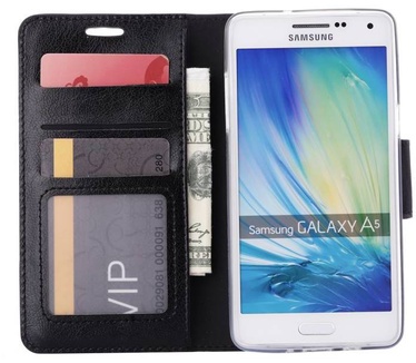 Luxe Lederen Bookcase hoesje voor de Samsung Galaxy A5 - Zwart (Samsung Galaxy A5) Zwart