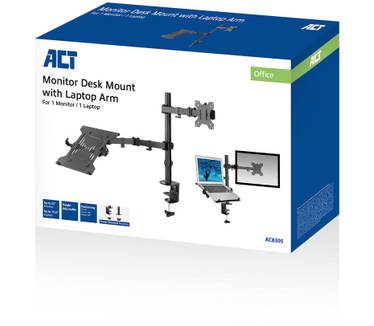 ACT Monitor Bureausteun met Laptoparm, 1 Scherm Tot 32”, 1 Laptop Tot 15,6” Notebooksteun - Zwart
