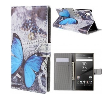 qMust Sony Xperia Z5 Premium Wallet Case - hoesje met stand - Blue Butterfly