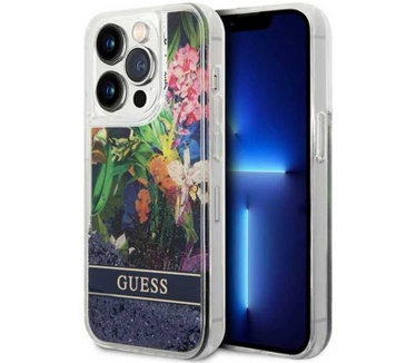 Guess Flower Liquid Glitter Apple iPhone 14 Pro Max (6.7") Blauw Blauw